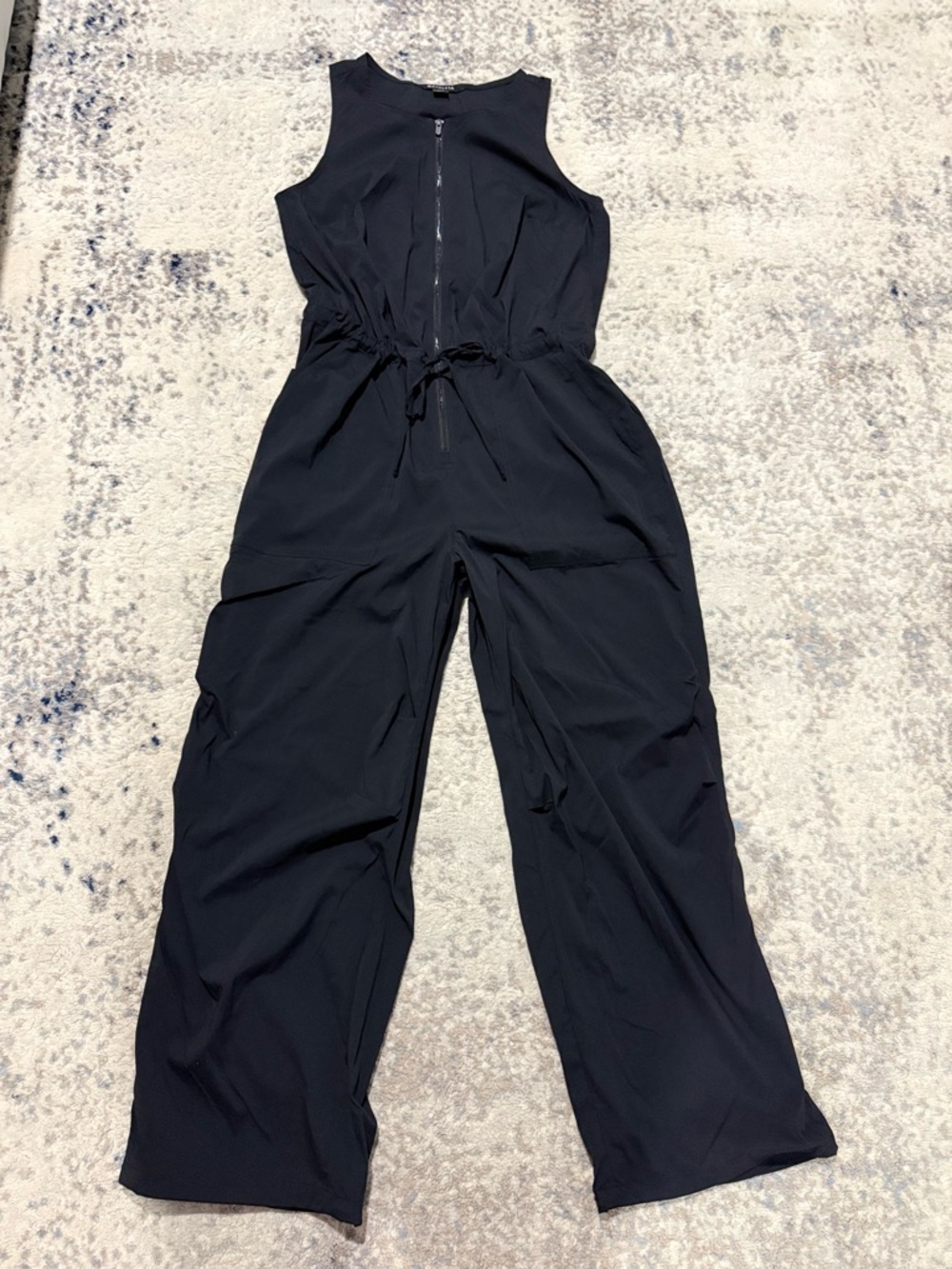 Athleta Black Sleeveless Front-Zip Drawstring Wide-Leg Jumpsuit